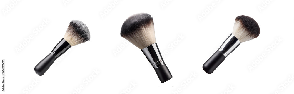 Three makeup brushes with black handles and white bristles are arranged in a diagonal line. Three makeup brushes with black handles and white bristles are arranged in a diagonal line.