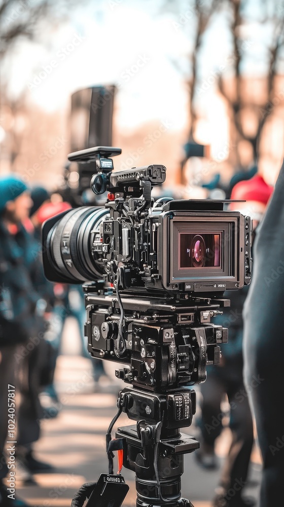 Professional video camera set up outdoors on a film production set Professional video camera set up outdoors on a film production set