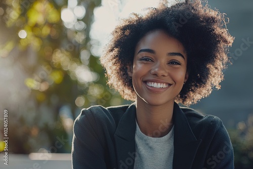 Smiling Young Woman With Curly Hair Enjoys Sunny Day Outdoors, Surrounded by Greenery and Urban Backdrop in a Relaxed Setting