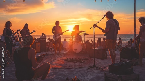 Sunset beach festival with indie music, featuring local and independent bands performing as the sun sets over the ocean, 