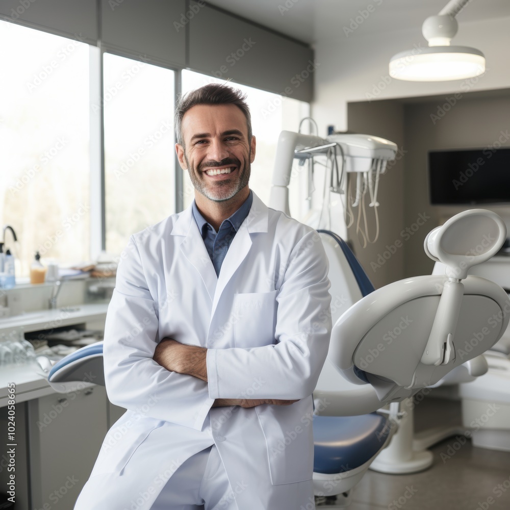 A smiling dentist sits in a dental chair with arms crossed A smiling dentist sits in a dental chair with arms crossed