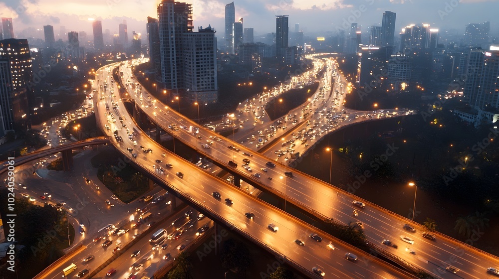 Obraz premium A breathtaking bird s eye view of a vast illuminated cityscape with an intricate network of highways and bridges linking different districts