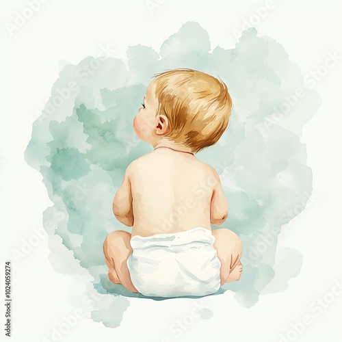 Adorable baby sitting on the floor, exploring the world with innocence and curiosity, set against a soft watercolor backdrop.