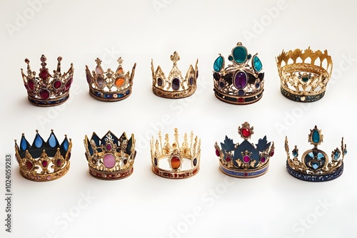 A Collection of Ten Ornate Gold Crowns with Gemstones photo