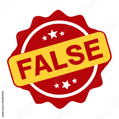 False stamp graphic with red and yellow circular design