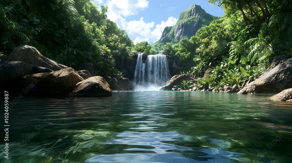 Naklejka premium Captivating scene of a tropical waterfall cascading into a crystal clear pool surrounded by a lush verdant oasis of towering trees vibrant foliage and flourishing vegetation