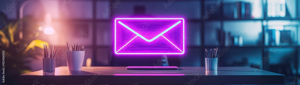 Naklejka premium Holographic letter floating over a desk in a sleek futuristic home office, glowing softly in neon purple, techy, minimalistic, clean design