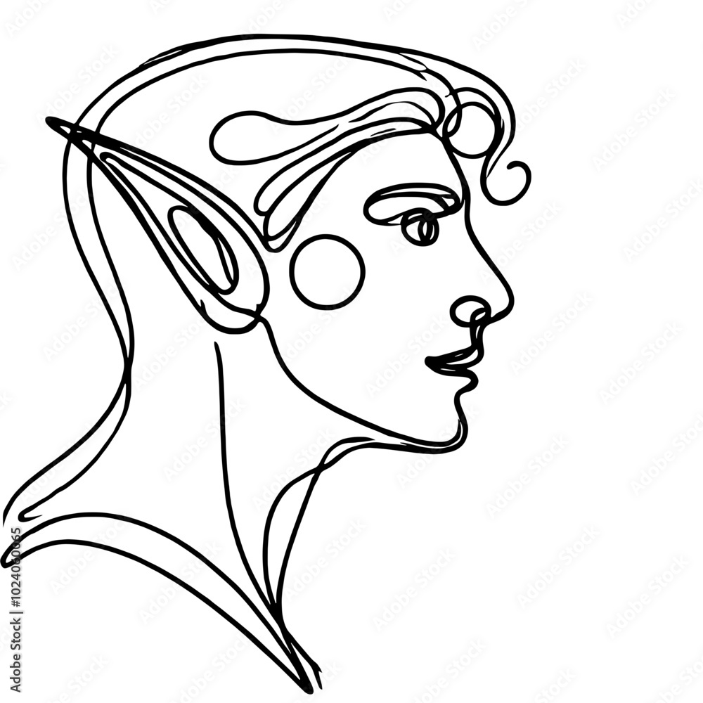 Elf profile outline drawing with pointy ears on white background Elf profile outline drawing with pointy ears on white background