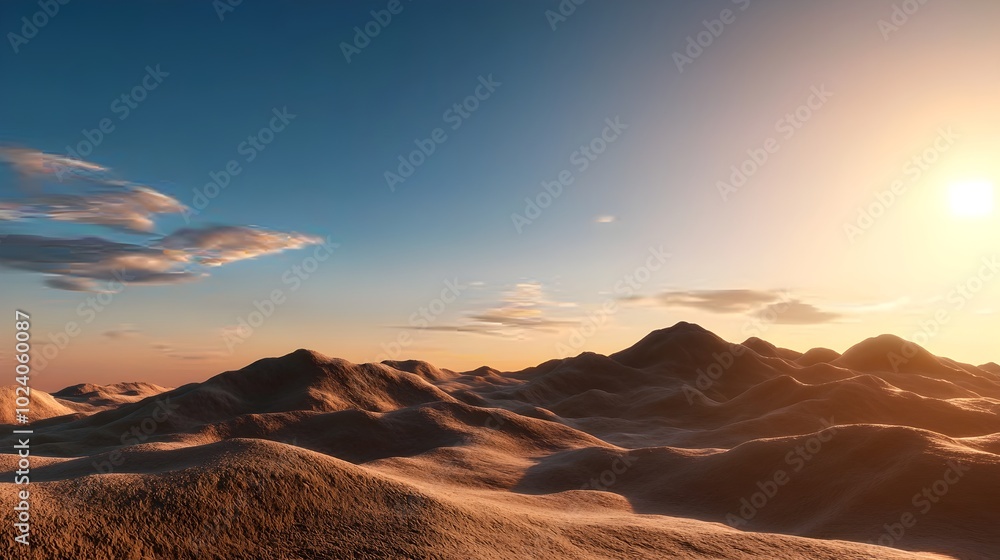 Naklejka premium Stunning desert landscape bathed in the warm glow of the golden hour with undulating sand dunes stretching out towards the infinite horizon