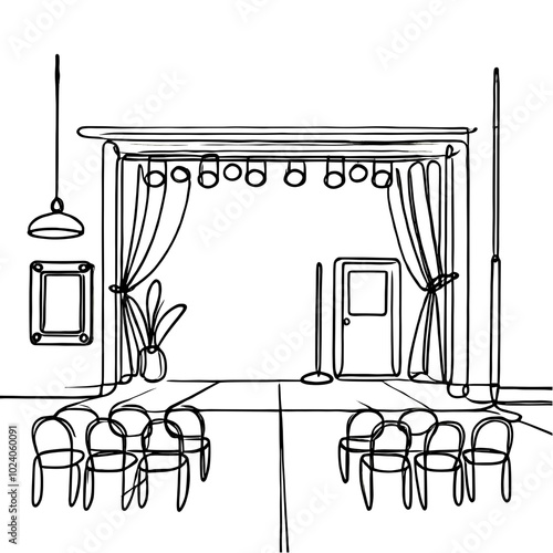 Theater stage with seats and curtains outline on white background