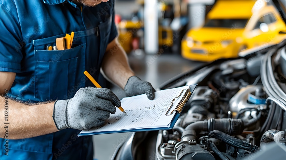 Mechanic carefully inspecting a car engine and meticulously filling out a repair checklist on a clipboard in a futuristic looking garage Mechanic carefully inspecting a car engine and meticulously filling out a repair checklist on a clipboard in a futuristic looking garage