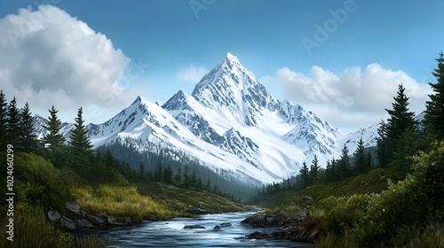 Breathtaking panoramic view of a majestic snowy mountain range with a flowing river winding through a lush pine forest in a serene pristine wilderness landscape