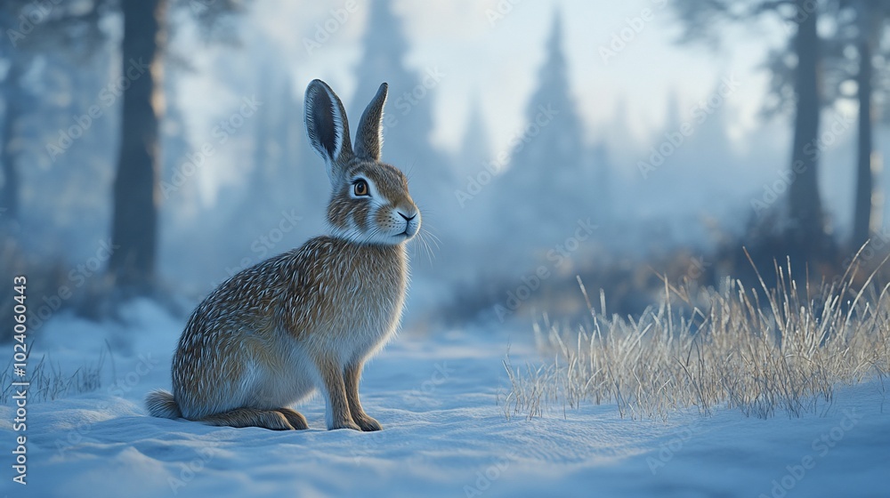 A lone rabbit sits in a snowy forest, its brown fur blending with the frosted landscape. A lone rabbit sits in a snowy forest, its brown fur blending with the frosted landscape.