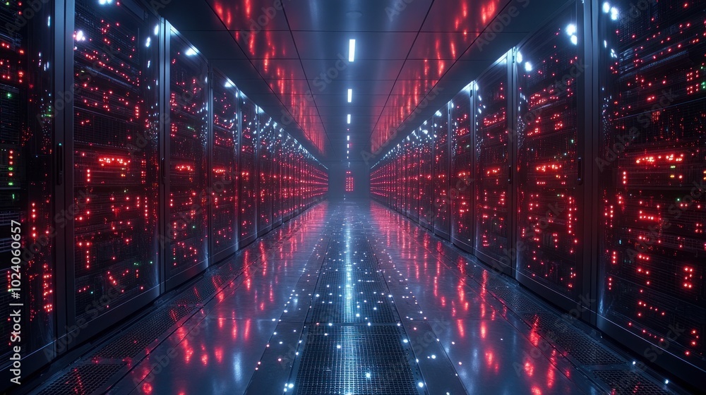 A futuristic server room with rows of glowing servers and a reflective floor. A futuristic server room with rows of glowing servers and a reflective floor.