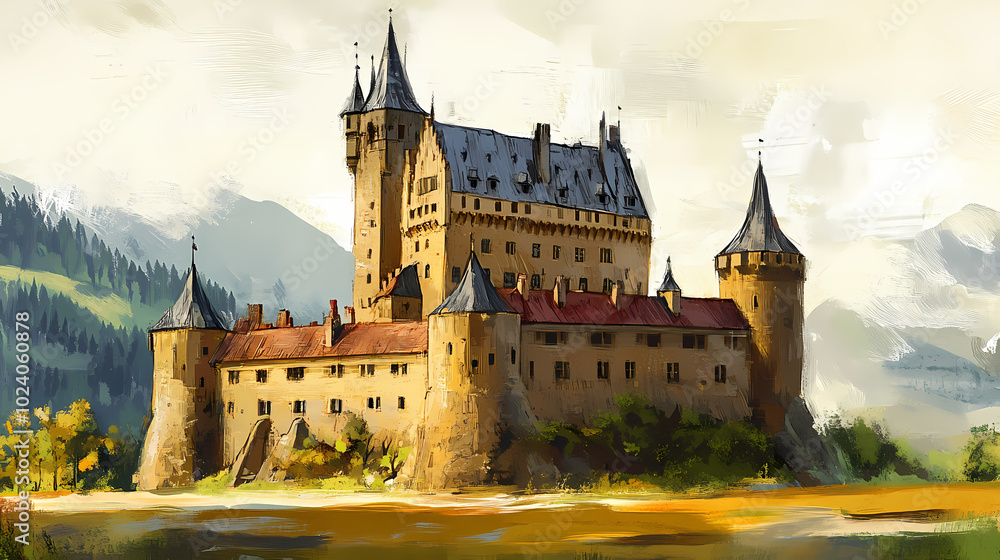 Obraz premium Medieval castle. hand drawing sketch. illustration jpg. Bavarian Castle. Illustration