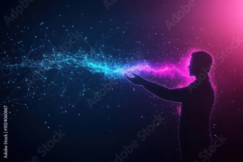 Human silhouette releasing a powerful wave of glowing energy, abstract, glitch art, neon blue and purple, dark cyber aesthetic