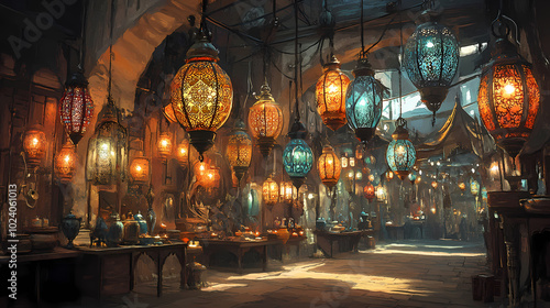 Metal filigree lanterns in a middle east bazaar. oriental artwork and craft. created with generative ai technology. Ottoman Bazaar. Illustration