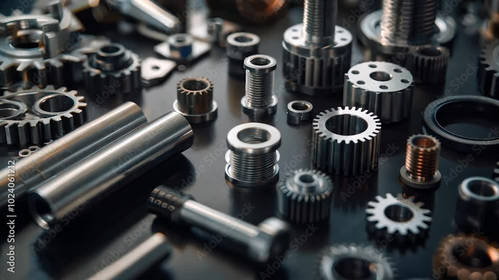 Assorted Metal Gears and Components on Dark Surface - Industrial and Mechanical Parts Close-Up