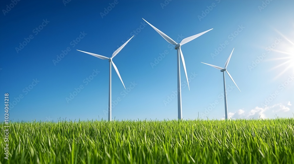 Spinning wind turbines in a lush green field under a clear blue sky symbolizing clean energy sustainability and the transition to alternative energy sources This dynamic Spinning wind turbines in a lush green field under a clear blue sky symbolizing clean energy sustainability and the transition to alternative energy sources This dynamic