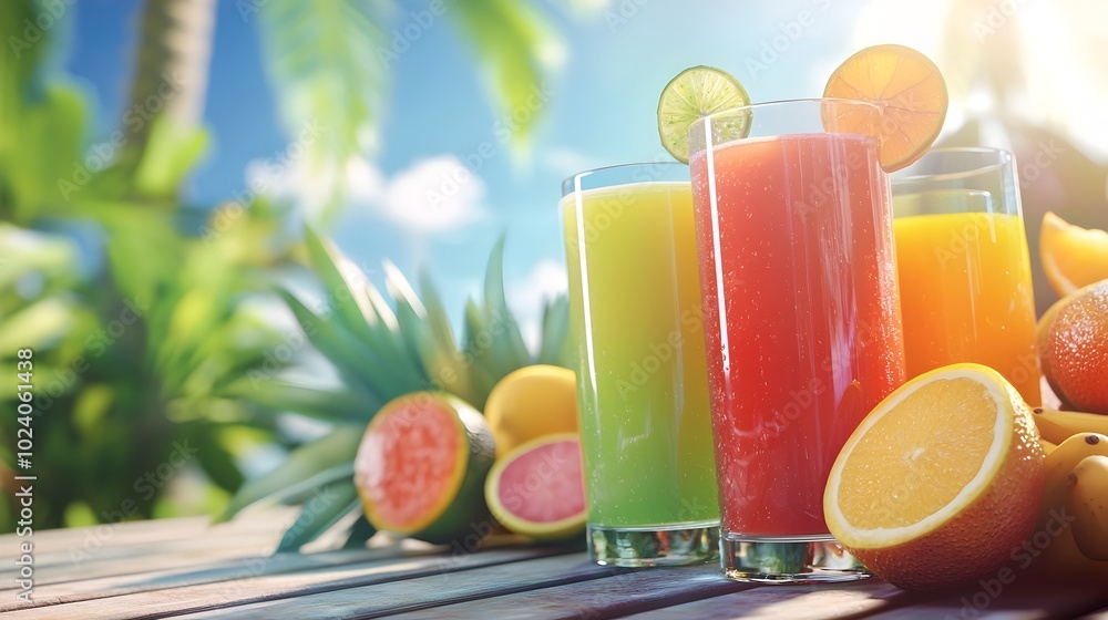 Fototapeta premium Refreshing summer scene with chilled fruit juices served in vibrant glasses on a rustic wooden table surrounded by tropical palm leaves and fresh fruits This casual