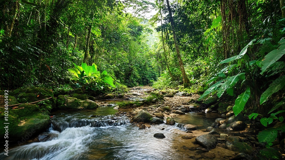Obraz premium Lush jungle ecosystem teeming with diverse plant and animal life, featuring dense tropical vegetation, towering trees, and a vibrant array of wildlife. A thriving natural habitat showcasing the rich