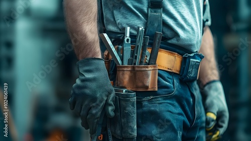 Close up of an artisan s waist mounted tool belt showcasing the various tools and equipment used for construction repair and maintenance work captured in a cybernetic monochromatic color scheme photo