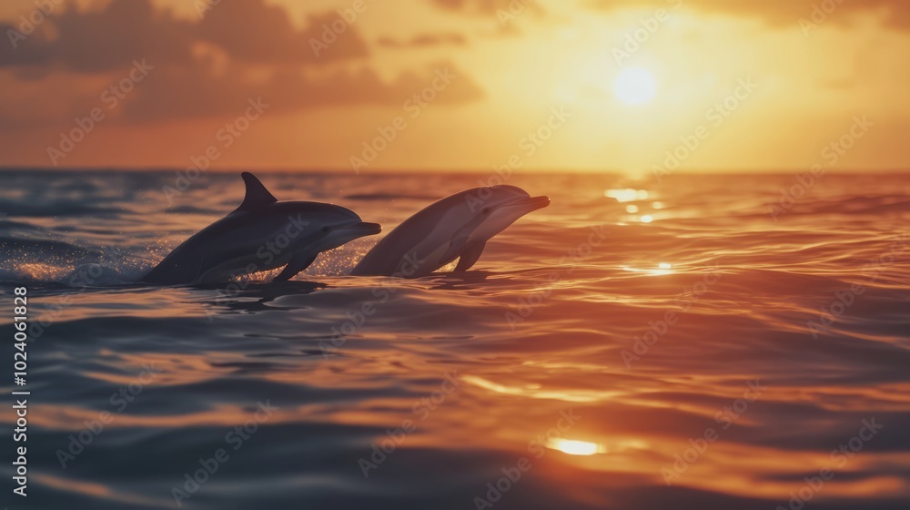 Fototapeta premium A couple of dolphins enjoying the evening sunset on the surface of the water