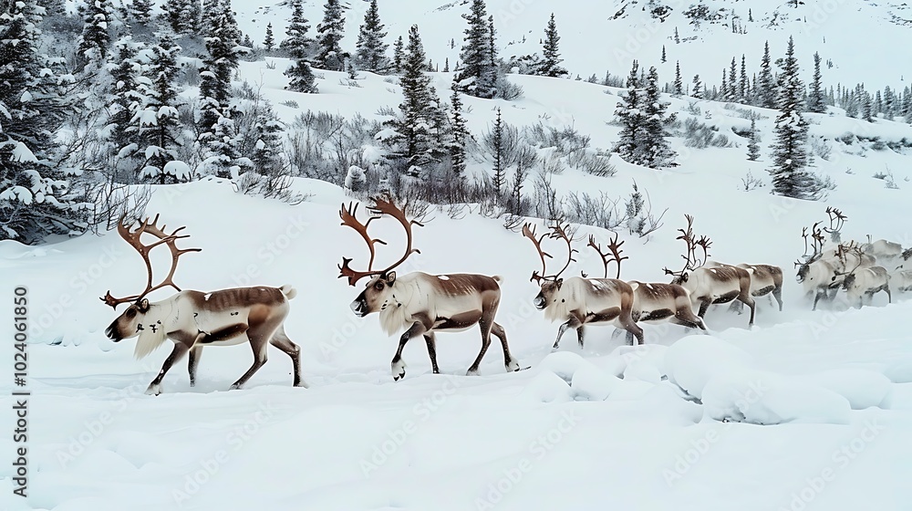 A herd of reindeer crossing a snow-covered tundra A herd of reindeer crossing a snow-covered tundra
