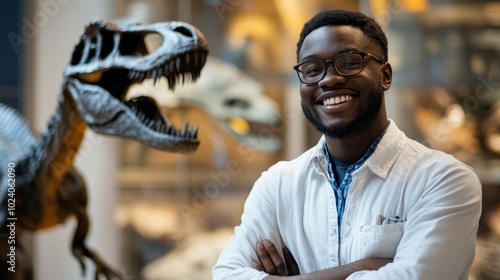 African american paleontologist standing next to a dinosaur at the museum on blurred background photo