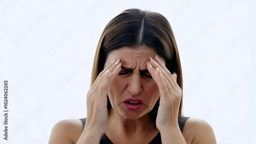 A woman holding her head in pain, with a distressed expression, depicting the experience of a headache or stress A woman holding her head in pain, with a distressed expression, depicting the experience of a headache or stress