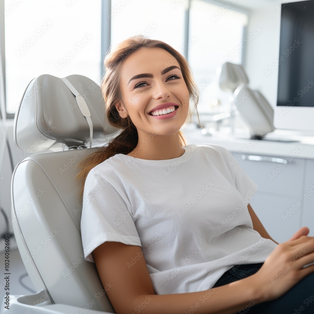 A woman is happily smiling while sitting comfortably in a dental chair, showcasing her joy and ease during the dental visit experience A woman is happily smiling while sitting comfortably in a dental chair, showcasing her joy and ease during the dental visit experience