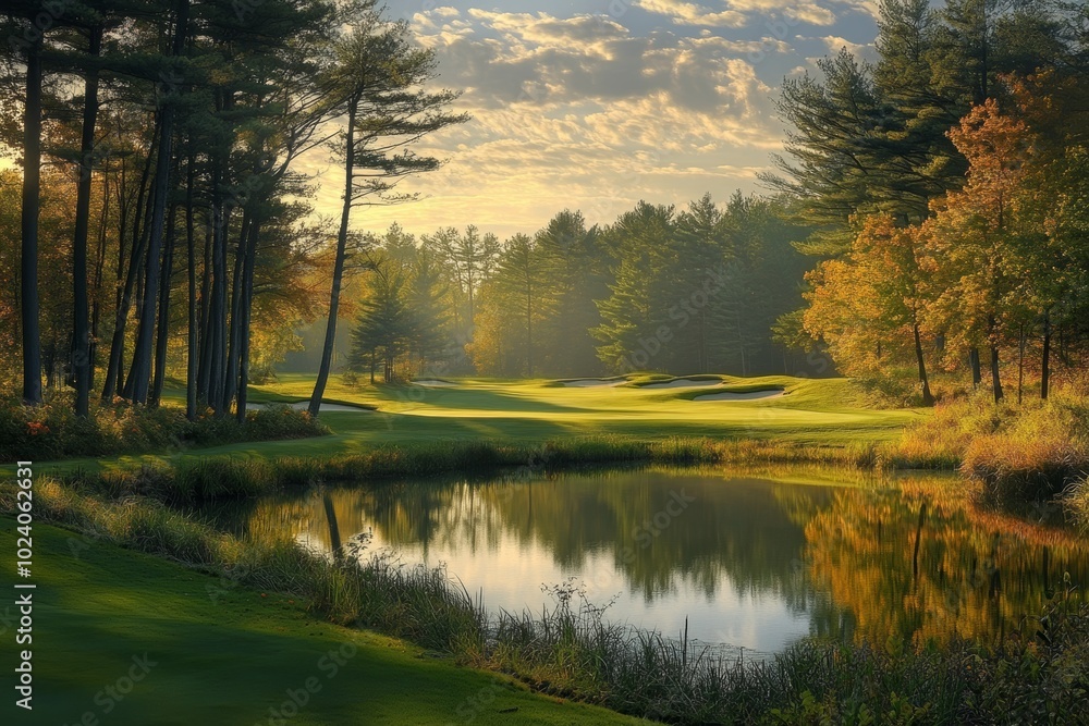 Fototapeta premium A serene golf course with a pond in the foreground and a lush green fairway in the background. The trees are starting to turn yellow and orange, signifying the change of seasons.