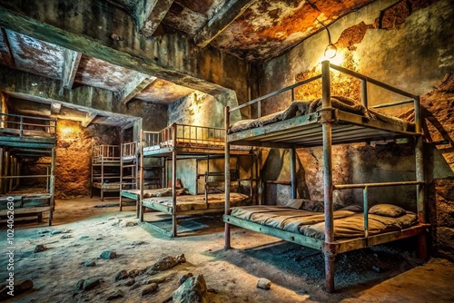 Abandoned Bunker Interior with Bunk Beds in an Old Mine - Atmospheric Product Photography