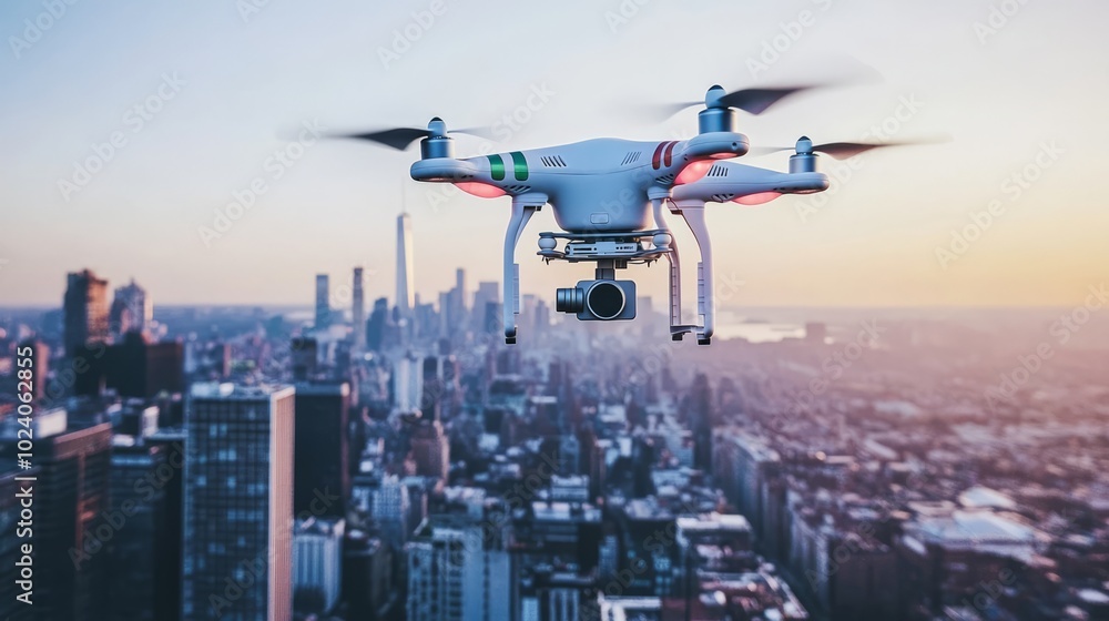 Drone in flight above a bustling city skyline. This aerial photography captures modern technology against an urban backdrop Drone in flight above a bustling city skyline. This aerial photography captures modern technology against an urban backdrop