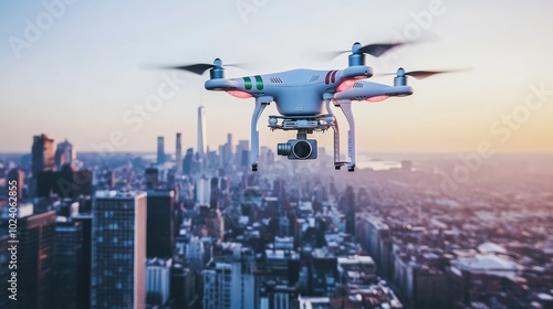 Drone in flight above a bustling city skyline. This aerial photography captures modern technology against an urban backdrop