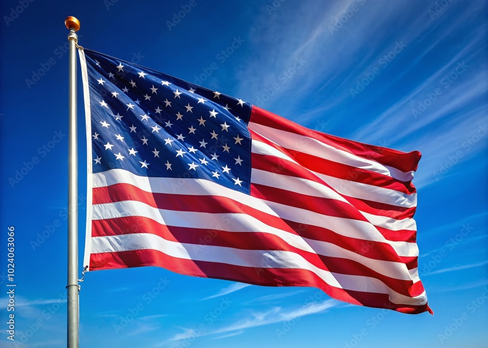 Fototapeta premium A brilliant American flag flutters against a bright blue sky, embodying the essence of freedom and patriotism, proudly