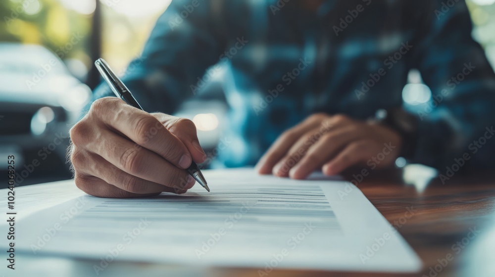 Man signing car insurance document or lease paper. Writing signature on contract or agreement. Buying or selling new or used vehicles Man signing car insurance document or lease paper. Writing signature on contract or agreement. Buying or selling new or used vehicles