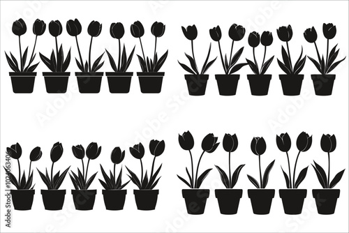 Set of tulip flower silhouettes. Springtime tulip flower silhouettes. Beautiful tulips flower silhouette vector. Elegant tulip flower silhouettes vector. Creative tulip flower silhouettes vector