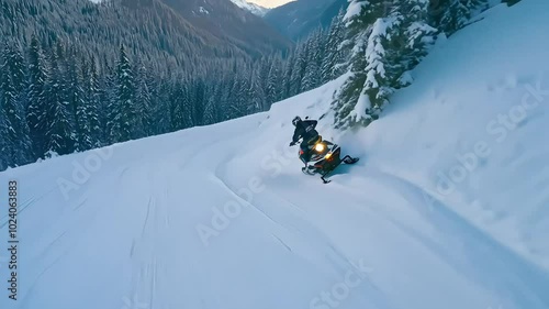 A thrilling snowmobile ride on a snowy mountain trail, showcasing winter adventure and extreme sports in a scenic landscape