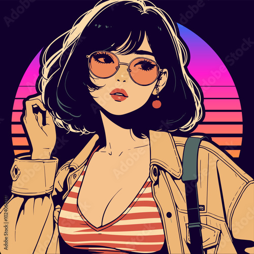 anime girl retro style design vector
