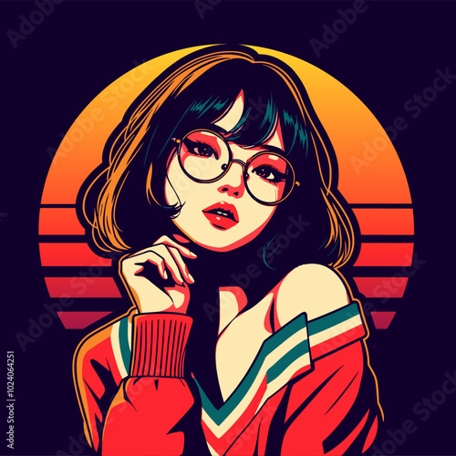 girl retro style background with sun design vector