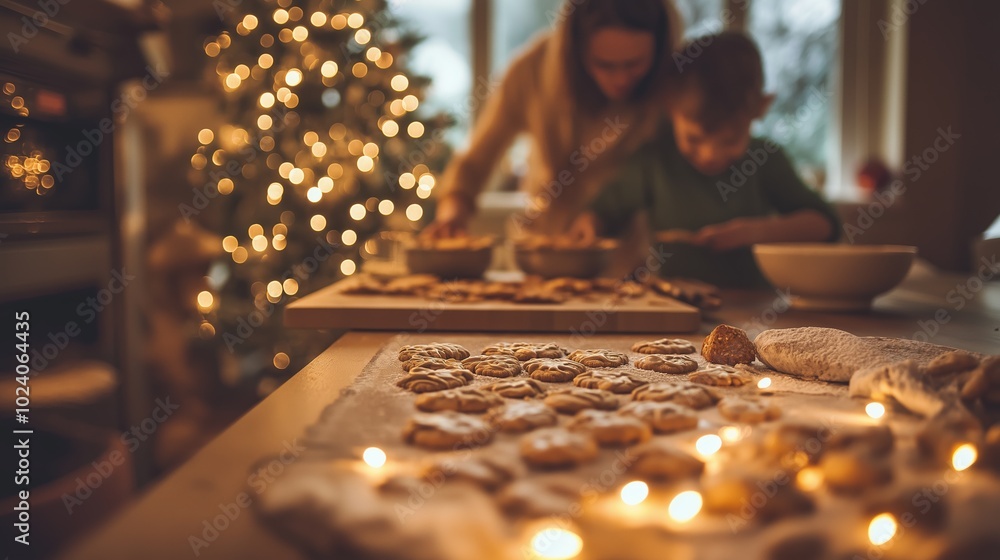 A family enjoys baking festive cookies together in a cozy kitchen decorated with glowing Christmas lights during the holiday season A family enjoys baking festive cookies together in a cozy kitchen decorated with glowing Christmas lights during the holiday season