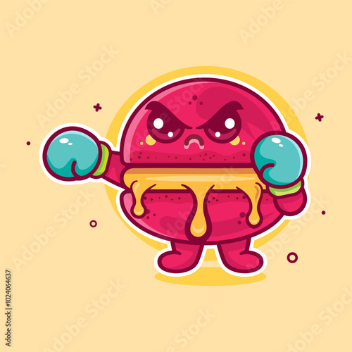 angry macaron food character mascot playing boxing sport isolated cartoon