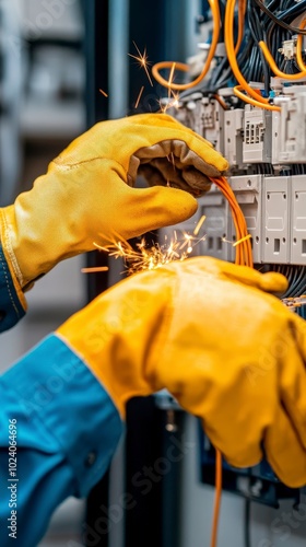 Electrician working on electrical panel with safety gloves and tools