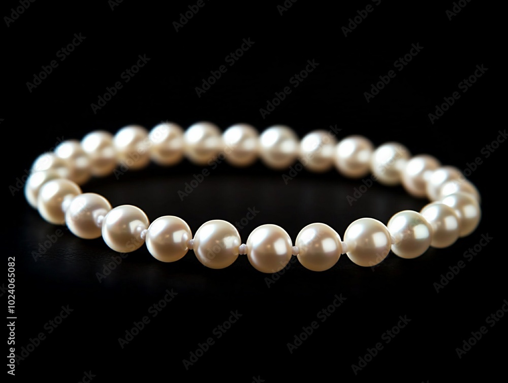 A white pearl bracelet on a black background. A white pearl bracelet on a black background.