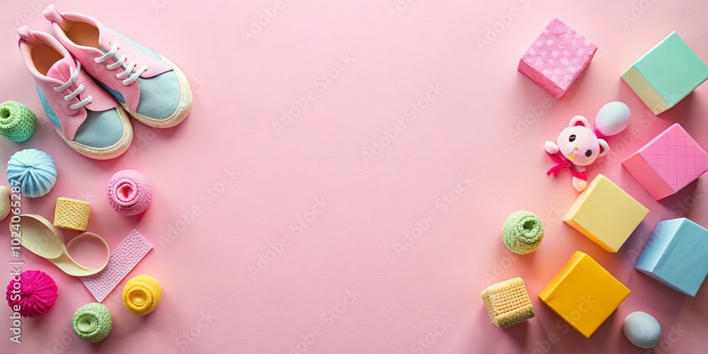 A charming flat lay featuring baby shoes and toys arranged on a modern pink background, perfect for enhancing kids' room decor with playful style. A charming flat lay featuring baby shoes and toys arranged on a modern pink background, perfect for enhancing kids' room decor with playful style.