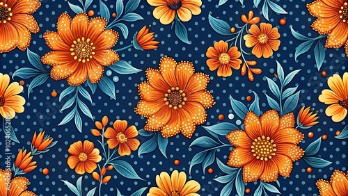 A charming seamless pattern featuring vintage orange flowers and playful dots against a deep blue background, perfect for fashion collections and