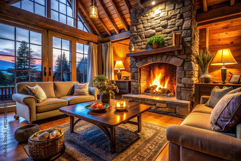 A cozy living room featuring a fireplace and crackling firewood creates a warm, inviting atmosphere, perfect for relaxing and enjoying intimate A cozy living room featuring a fireplace and crackling firewood creates a warm, inviting atmosphere, perfect for relaxing and enjoying intimate