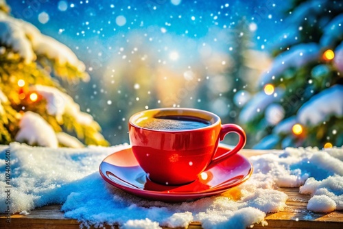 A cozy coffee cup rests on a table, surrounded by a snowy backdrop—an ideal winter scene for warmth