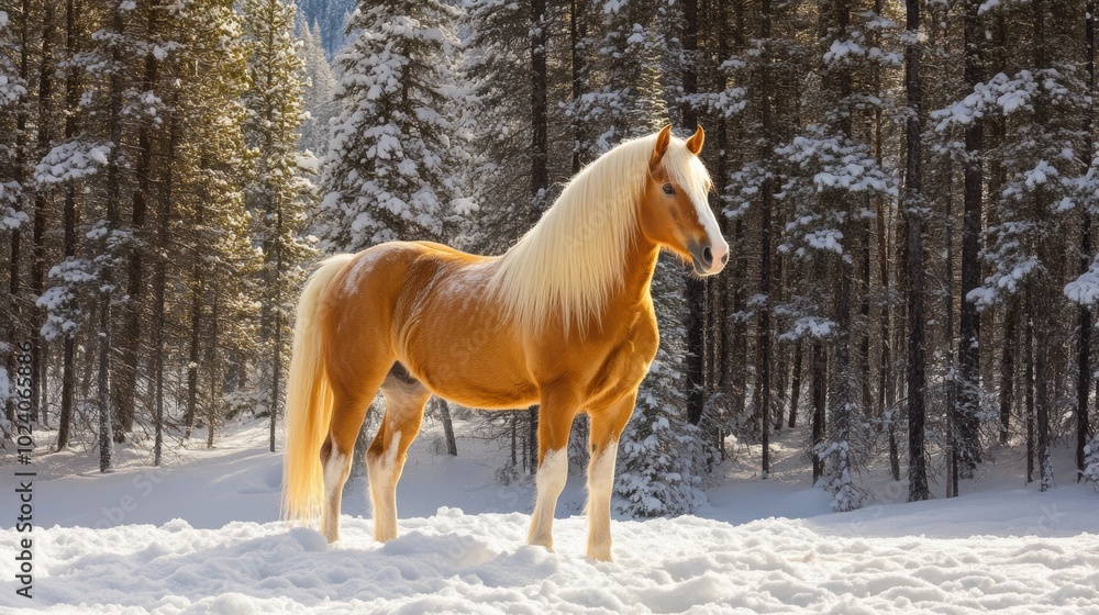 Obraz premium A majestic hafflinger horse stands gracefully in a snowy forest landscape.